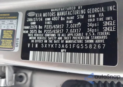 2015 Kia Sorento Lx z USA, uszkodzony, nr VIN 5XYKT3A61FG558267